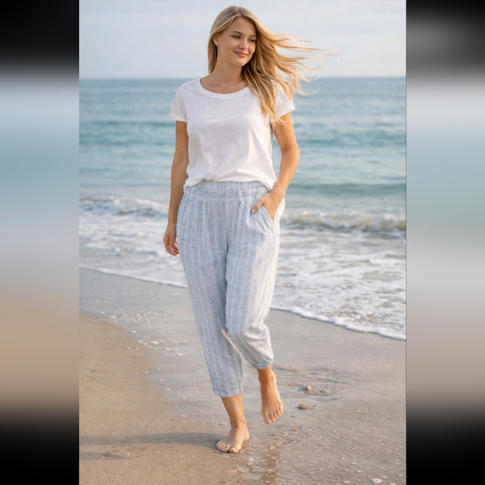 Hei Hei  100% Linen Blue White Stripe Cropped High Elastic Waist Pull-On Pants